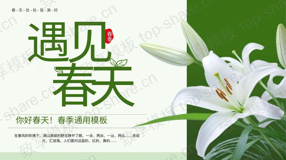 绿色鲜花花卉背景“遇见春天”春季主题通用PPT模板-致享TOP-SHARE