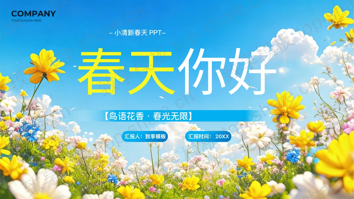 多彩花卉背景“春天你好”小清新春天主题PPT模板-致享TOP-SHARE