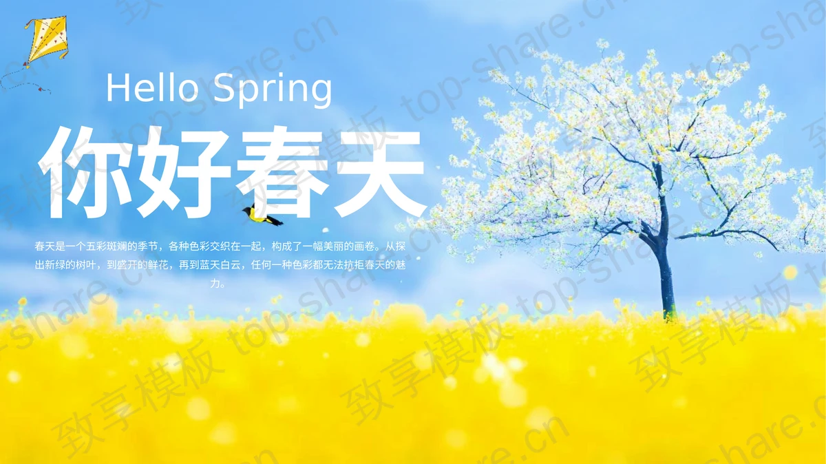 蓝黄配色小清新你好春天PPT模板-致享TOP-SHARE