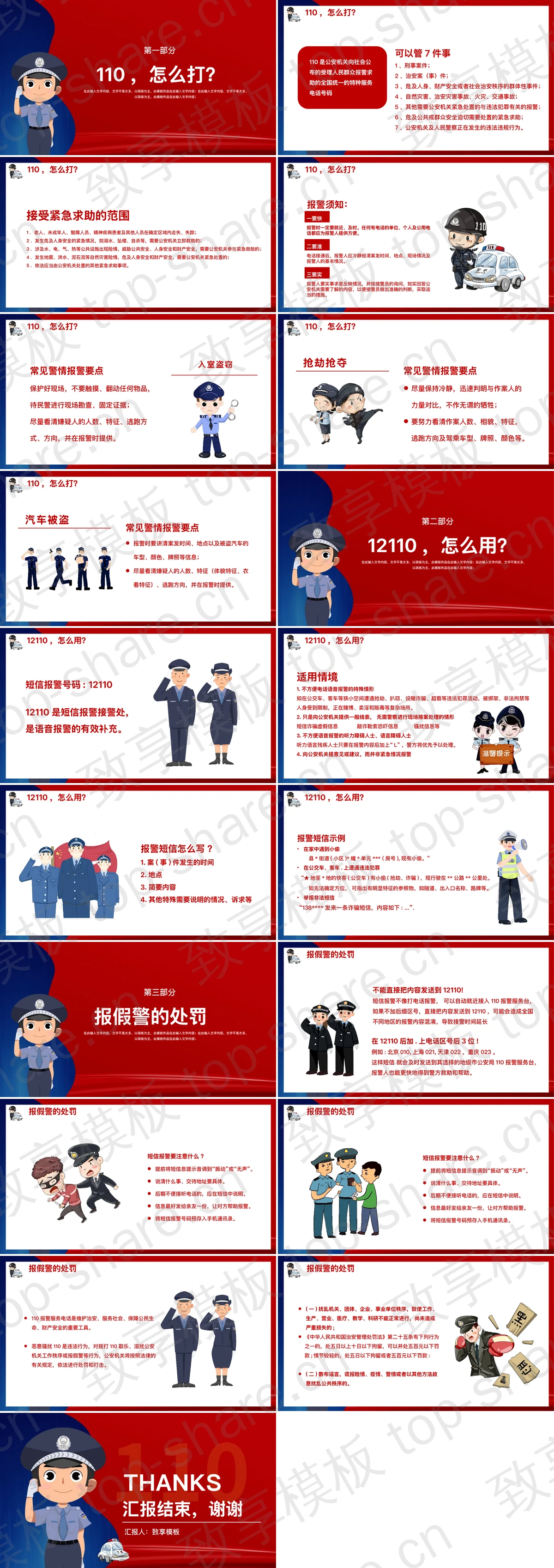 图片[2]-红蓝配色卡通警察背景的110宣传日实用宣传篇PPT模板 - 致享TOP-SHARE-致享TOP-SHARE