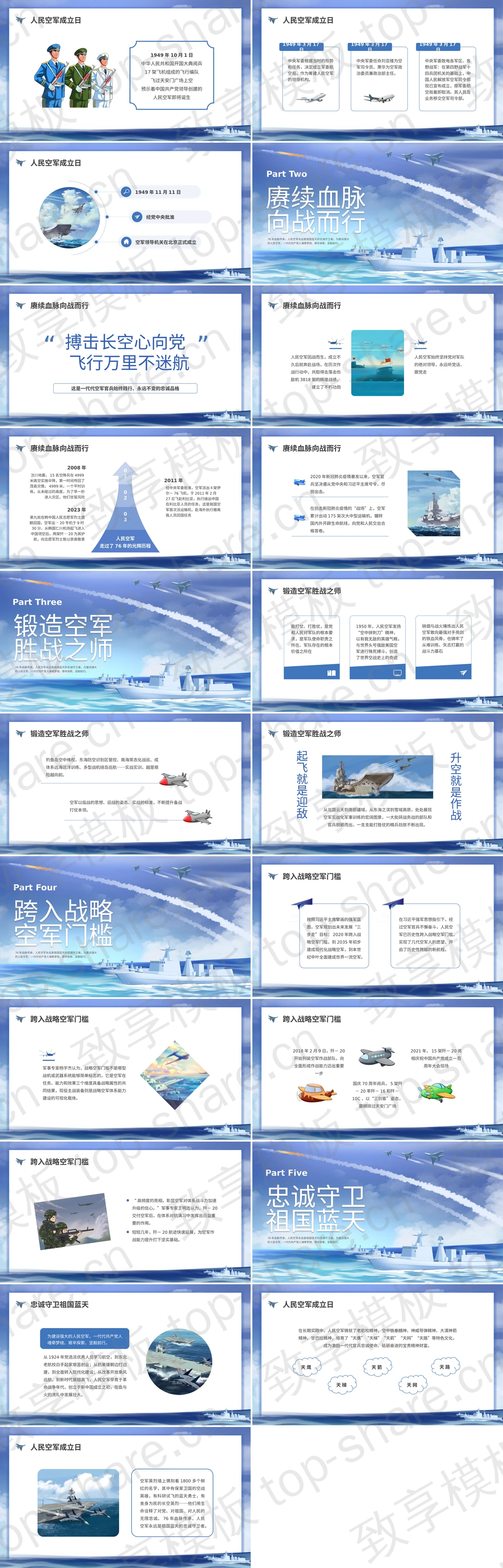 图片[2]-蓝色军舰飞机背景的“战略空军御风而行”庆祝中国人民空军成立PPT模板 - 致享TOP-SHARE-致享TOP-SHARE