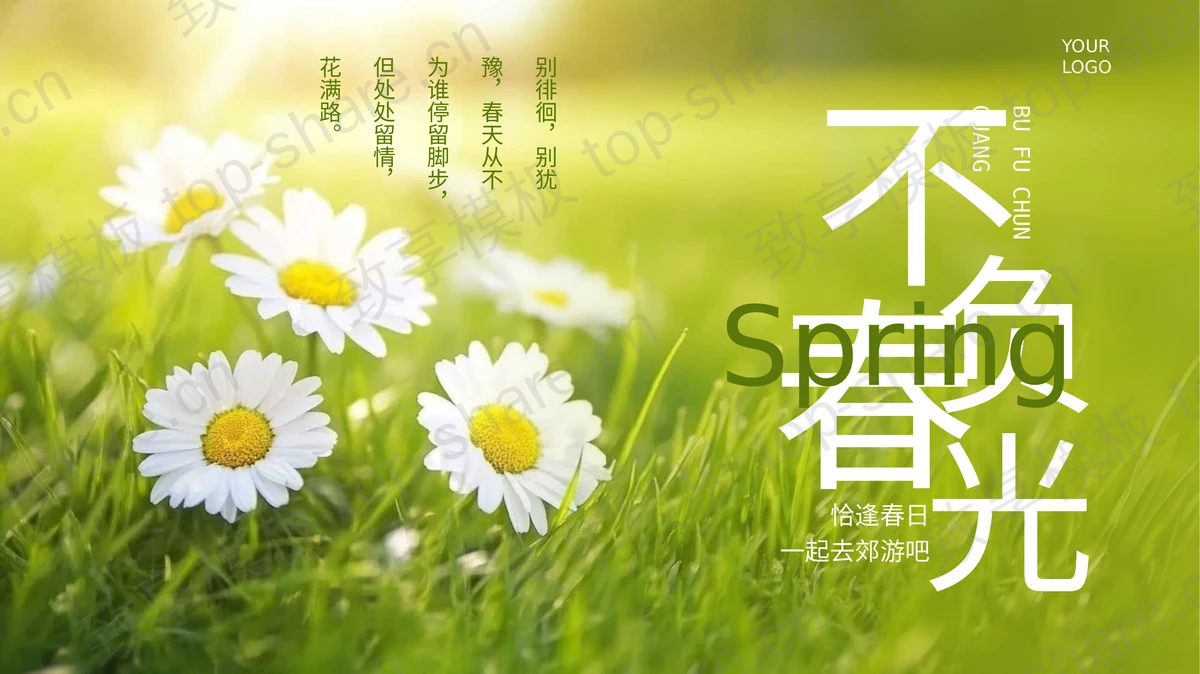 绿色清新小花背景“不负春光”春游活动策划PPT模板-致享TOP-SHARE