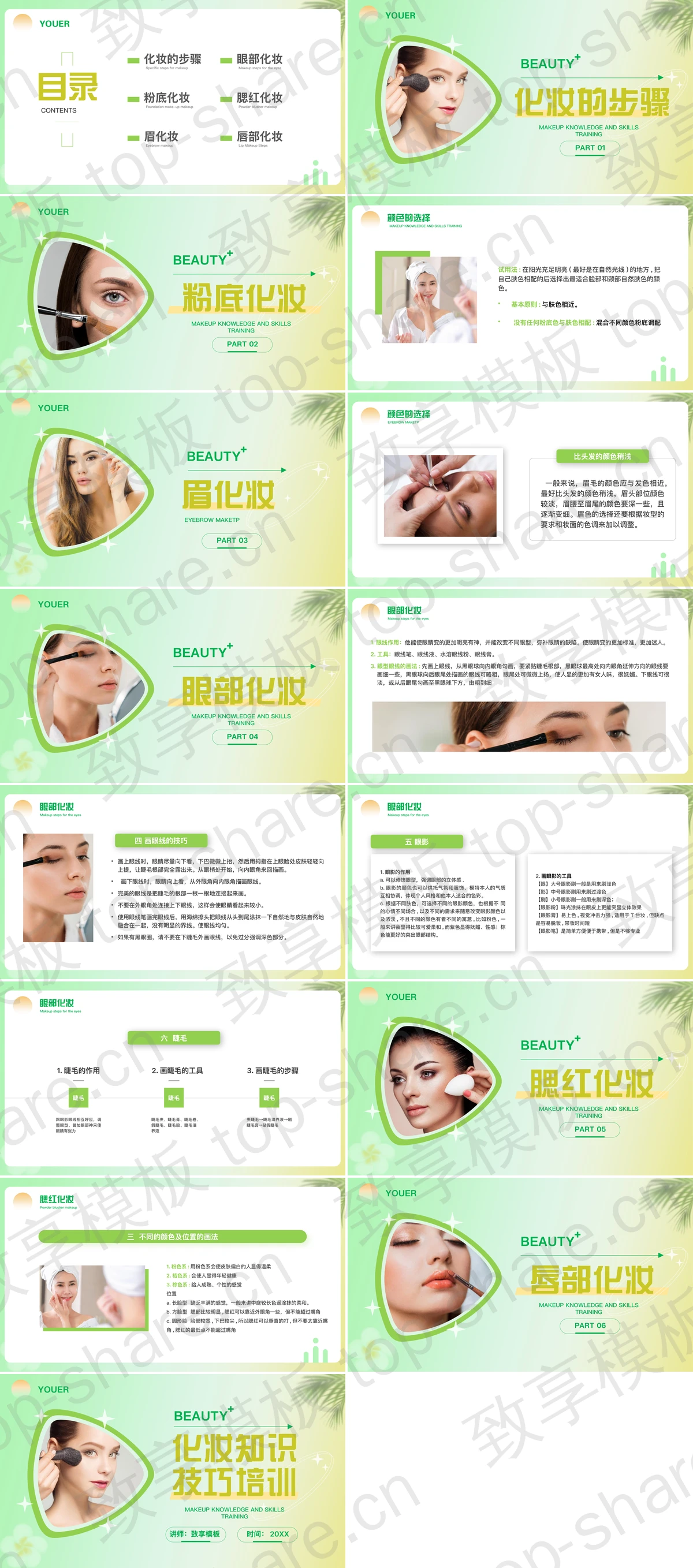 图片[2]-绿色女模特背景的化妆知识技巧培训PPT模板 - 致享TOP-SHARE-致享TOP-SHARE