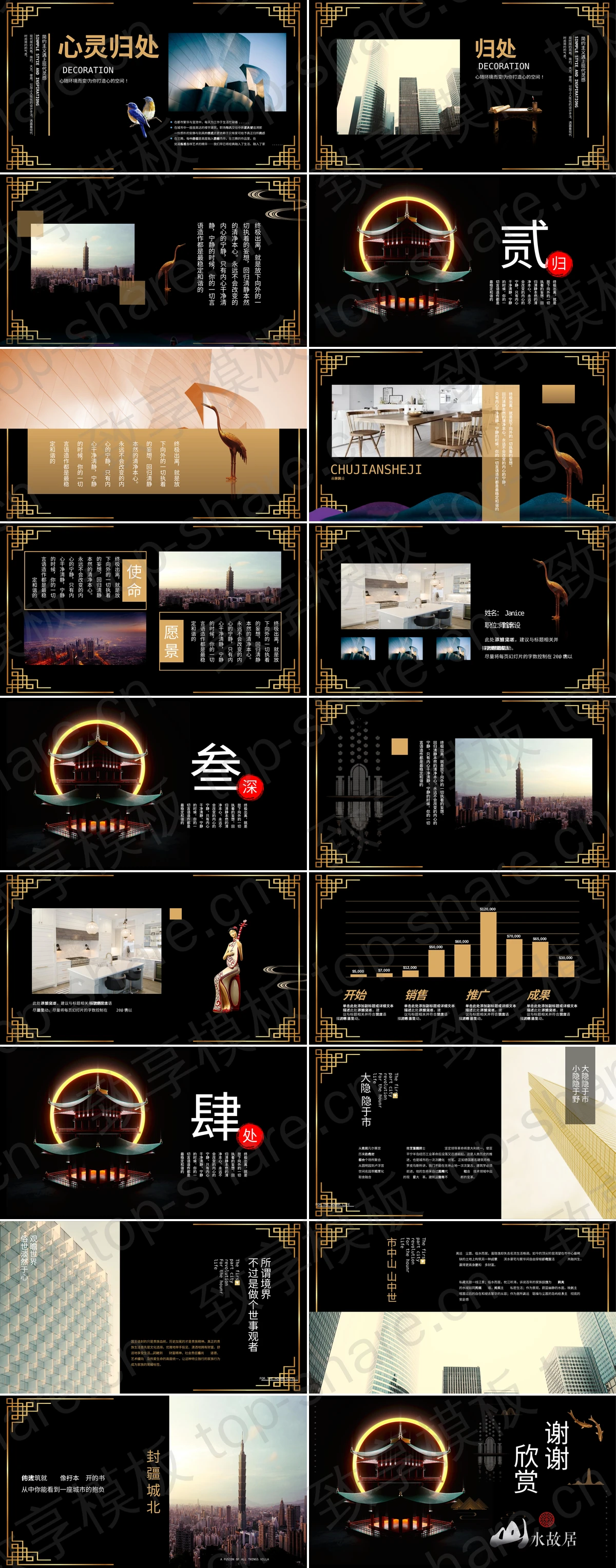 图片[2]-黑色古建筑背景的“中式山水故居”新中式PPT模板 - 致享TOP-SHARE-致享TOP-SHARE