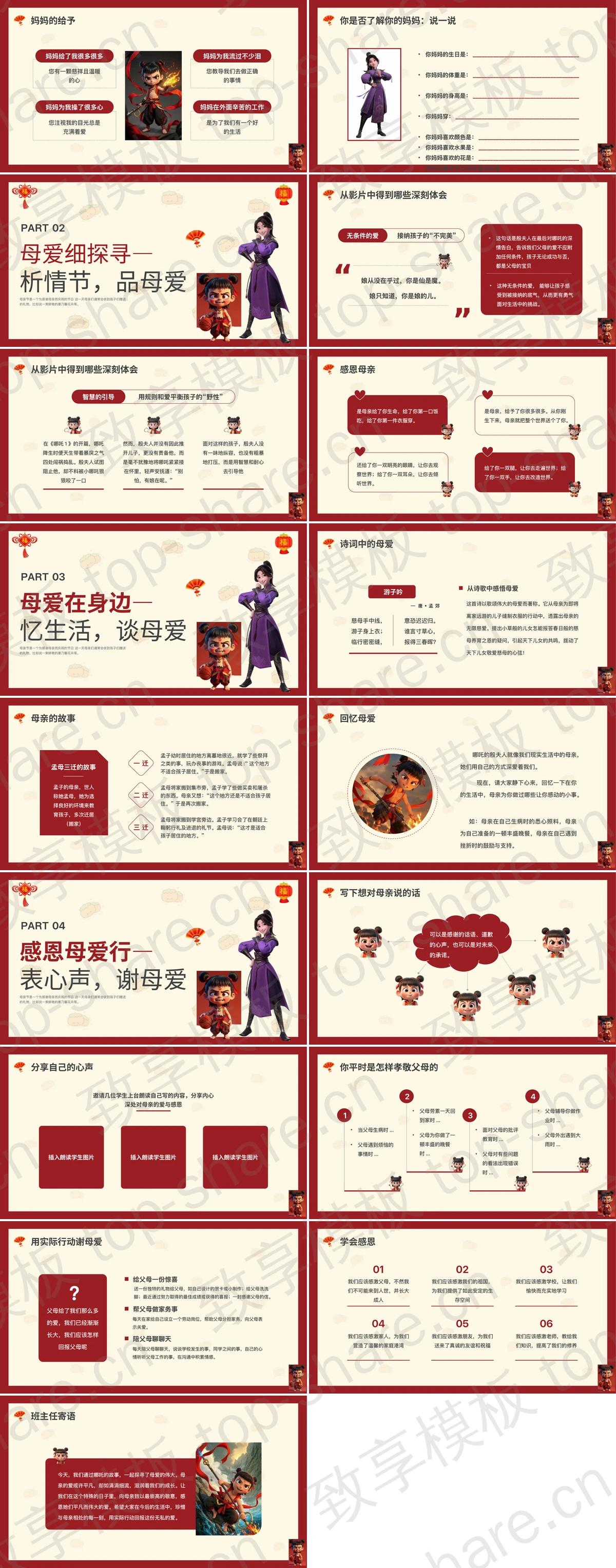 图片[2]-红色卡通风格“用哪吒打开母爱”母亲节主题班会PPT模板 - 致享TOP-SHARE-致享TOP-SHARE