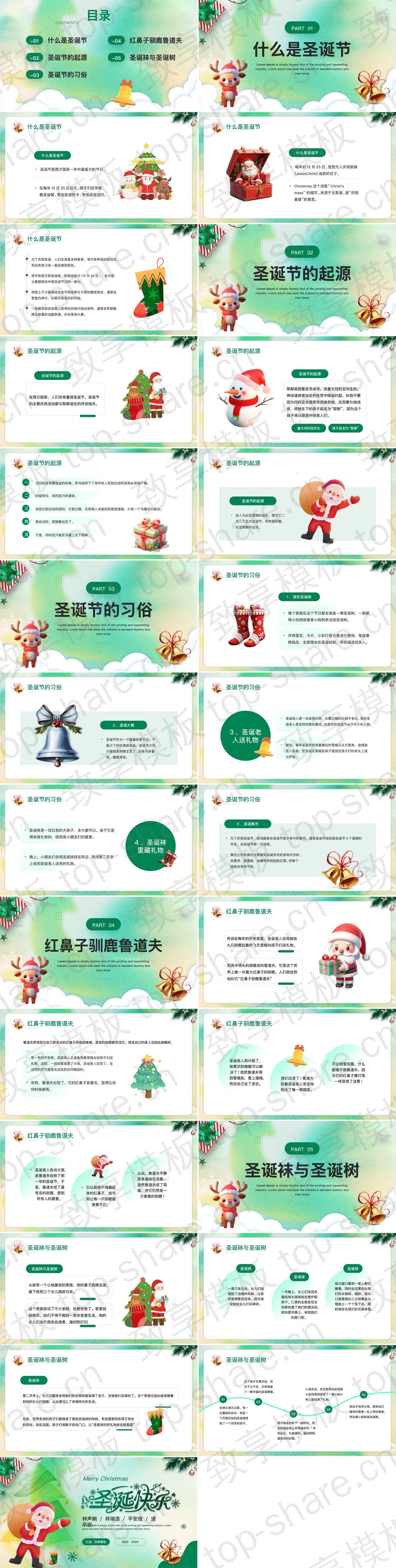 图片[2]-绿色卡通圣诞老人背景的“圣诞快乐”圣诞节节日介绍PPT模板 - 致享TOP-SHARE-致享TOP-SHARE