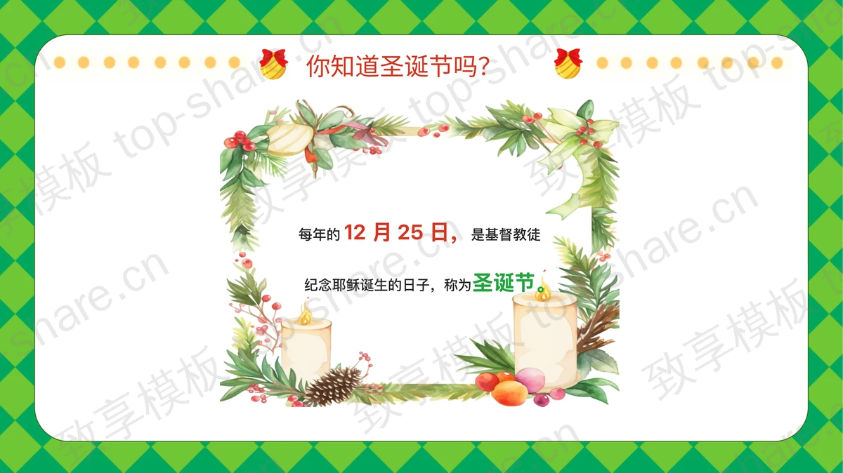 绿色卡通雪人圣诞老人背景的“圣诞快乐”幼儿园圣诞节主题班会PPT模板-致享TOP-SHARE
