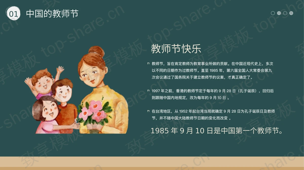 手绘卡通老师黑板背景的“老师您辛苦了”教师节主题班会PPT模板-致享TOP-SHARE