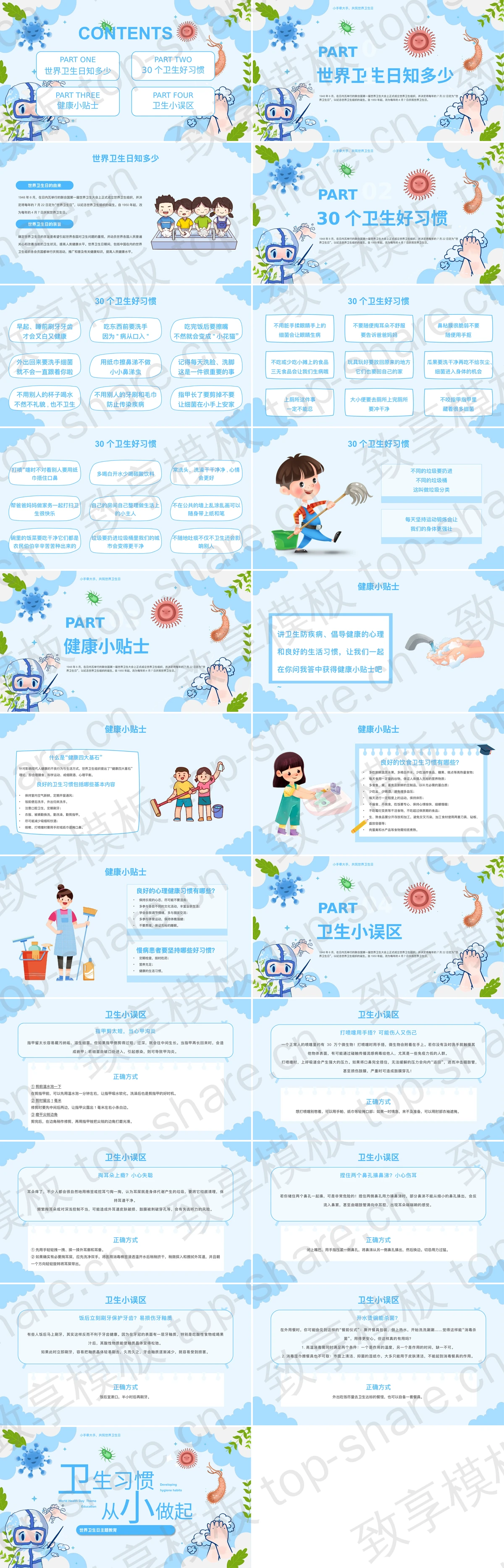 图片[2]-蓝色卡通“卫生习惯从小做起”世界卫生日主题教育PPT模板 - 致享TOP-SHARE-致享TOP-SHARE