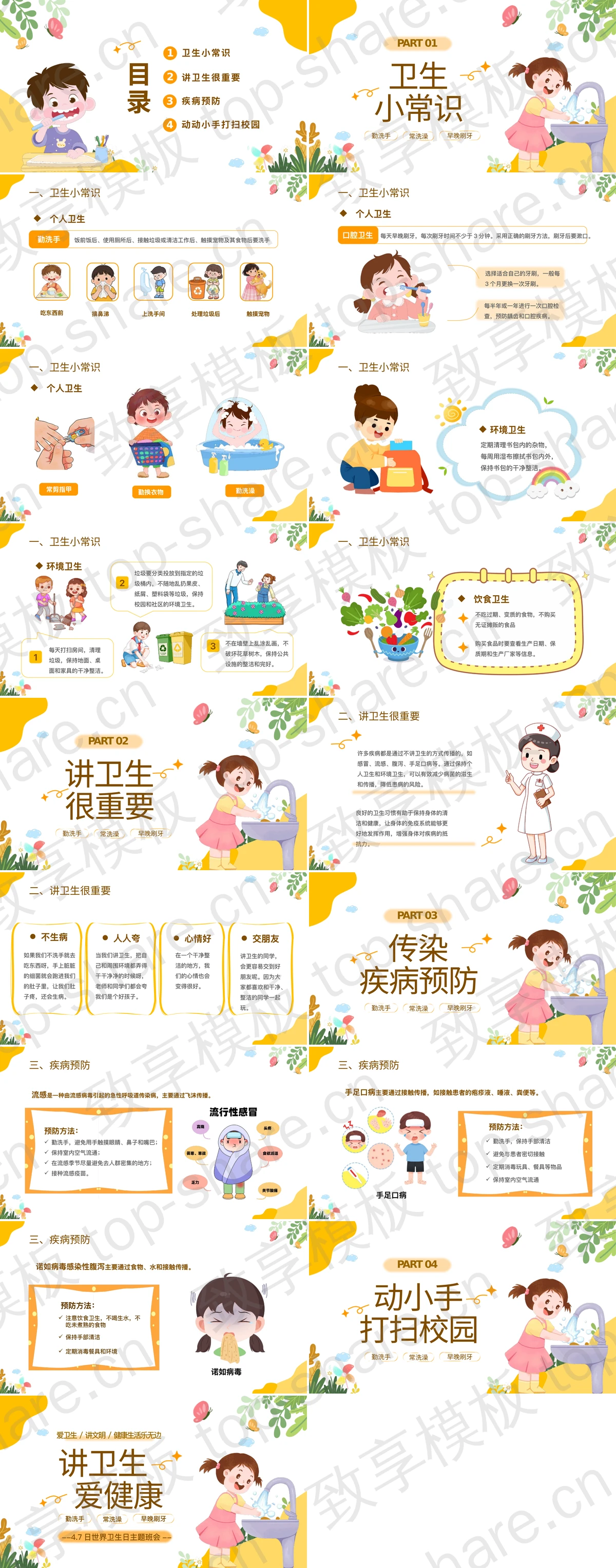 图片[2]-黄色卡通女孩背景“讲卫生爱健康”世界卫生日主题班会PPT模板 - 致享TOP-SHARE-致享TOP-SHARE