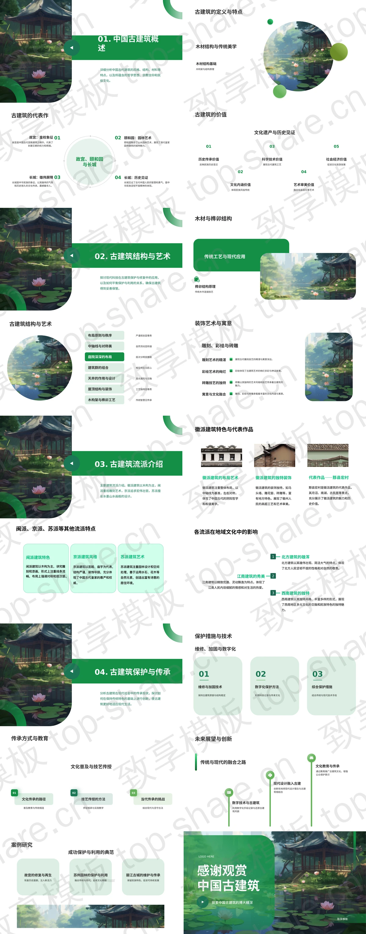 图片[2]-绿色插画风古建筑的魅力与传承PPT模板 - 致享TOP-SHARE-致享TOP-SHARE