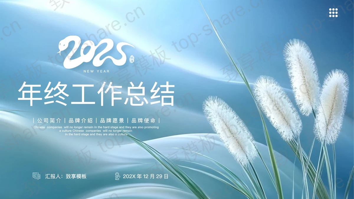 蓝色清新芦苇背景的年终工作总结PPT模板-致享TOP-SHARE