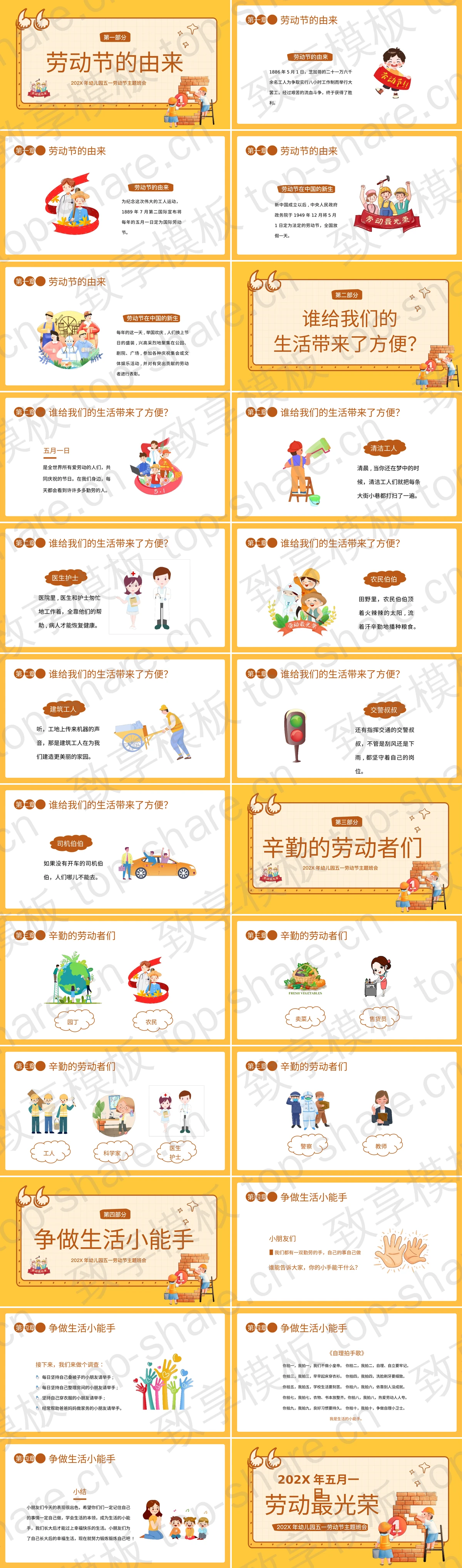 图片[2]-黄色卡通工人背景“劳动最光荣”幼儿园五一劳动节主题班会PPT模板 - 致享TOP-SHARE-致享TOP-SHARE