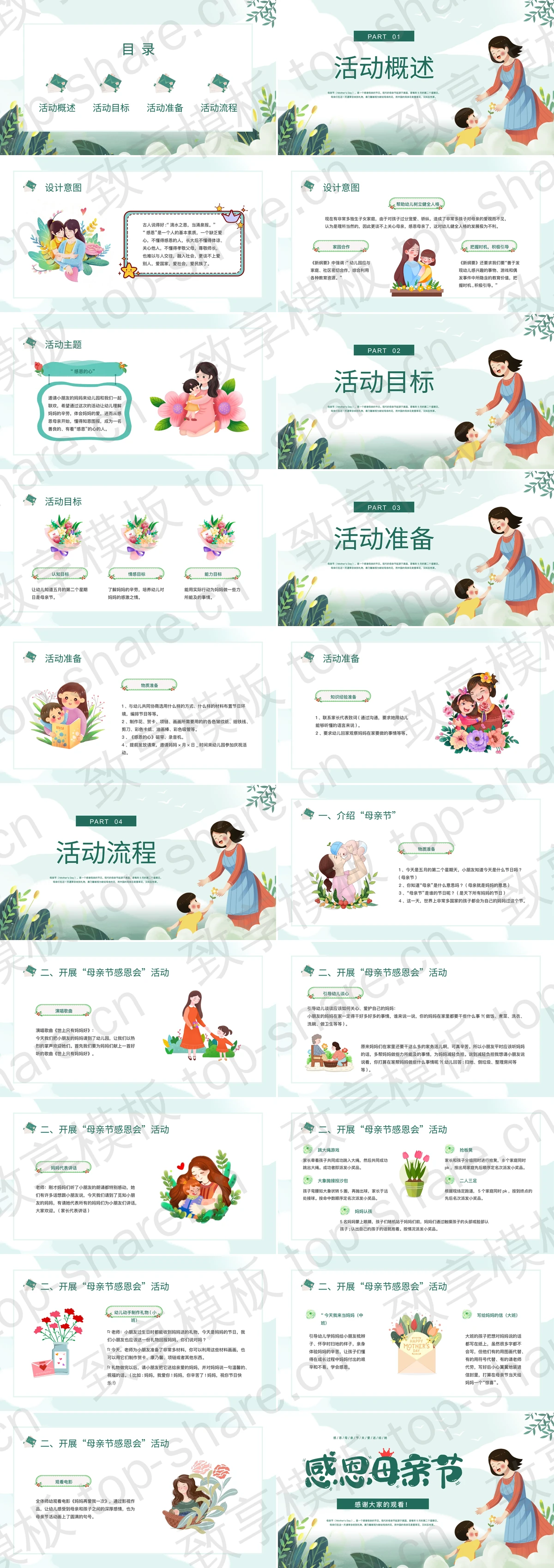 图片[2]-绿色清新卡通母亲背景的“感恩母亲节”幼儿园母亲节活动PPT模板 - 致享TOP-SHARE-致享TOP-SHARE