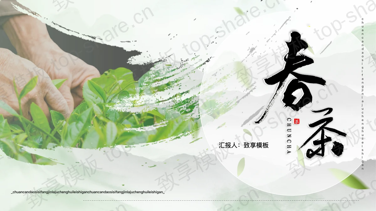 绿色采茶的人背景“春茶”茶文化主题通用PPT模板-致享TOP-SHARE