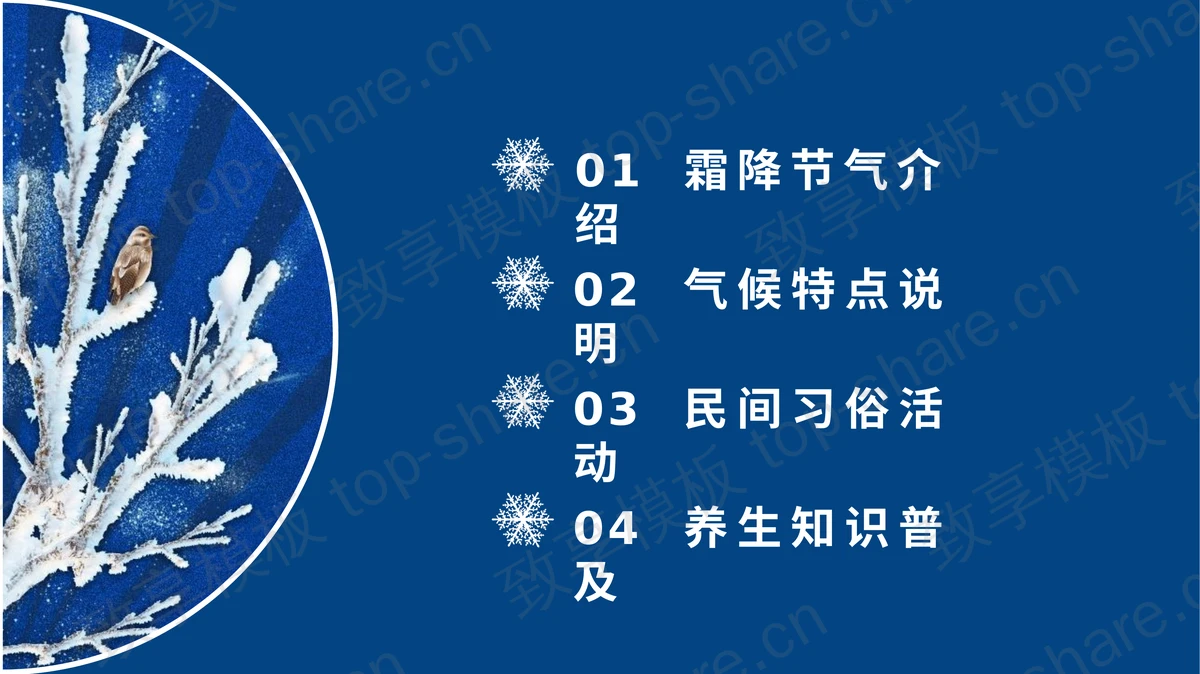 蓝色挂霜的树枝背景传统节气之霜降节气介绍PPT模板-致享TOP-SHARE