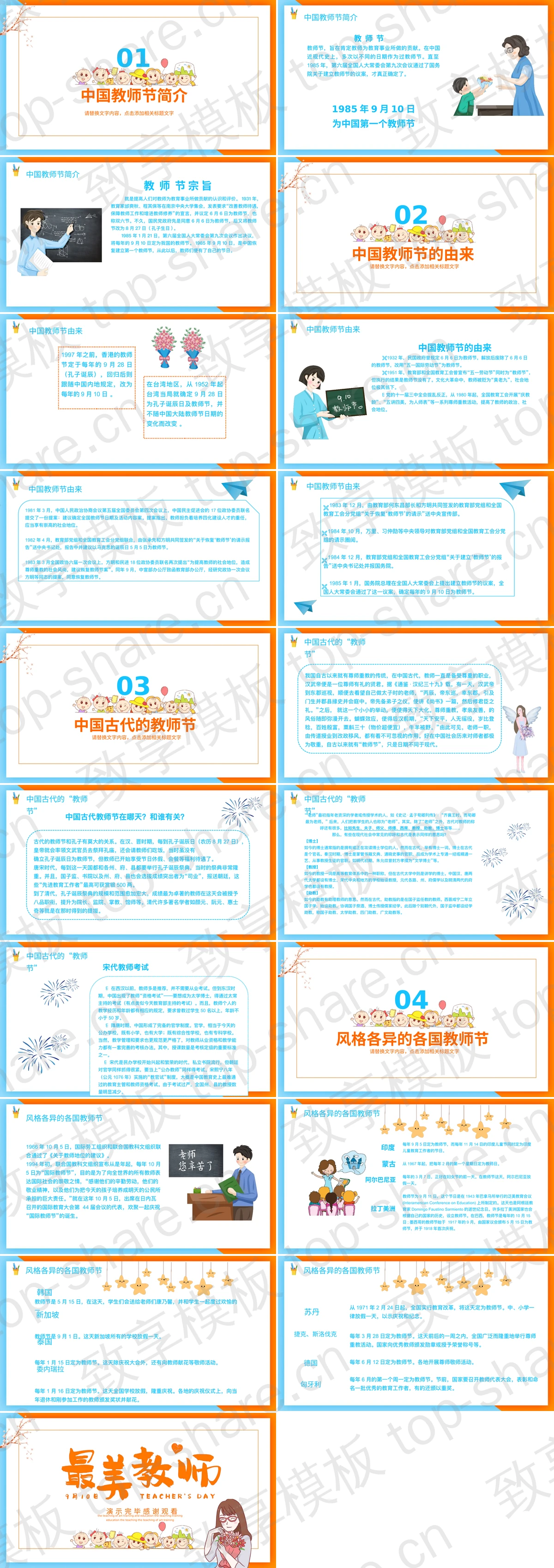 图片[2]-蓝橙卡通风格的“最美教师”教师节介绍PPT模板 - 致享TOP-SHARE-致享TOP-SHARE