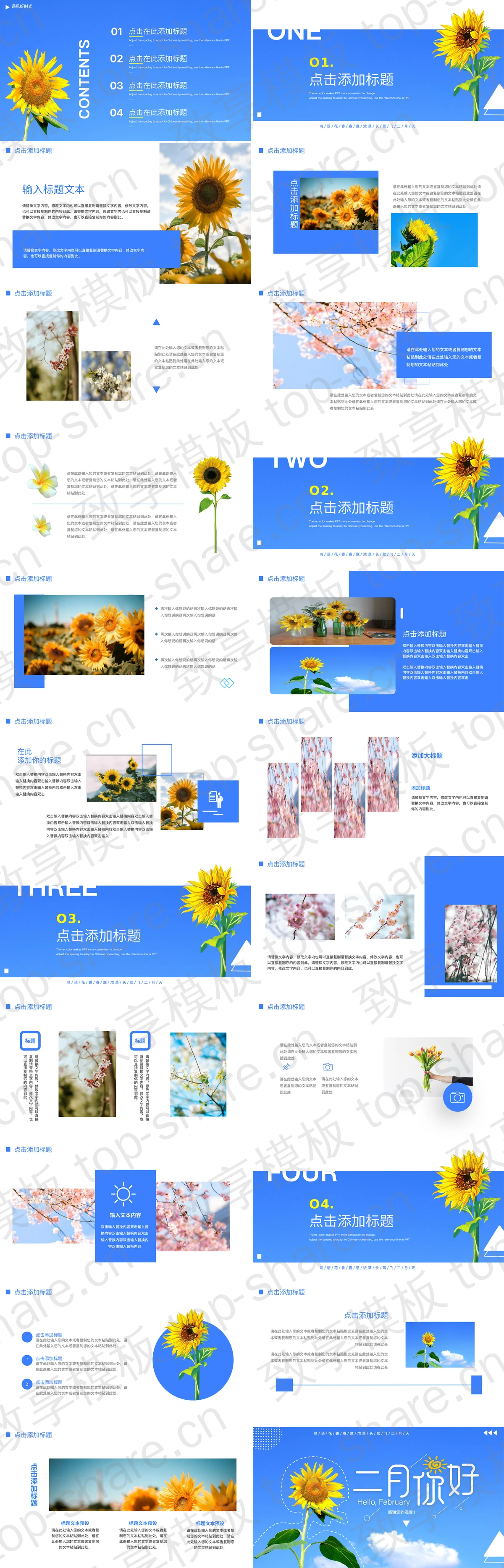 图片[2]-蓝色向日葵背景的“二月你好”通用PPT模板 - 致享TOP-SHARE-致享TOP-SHARE