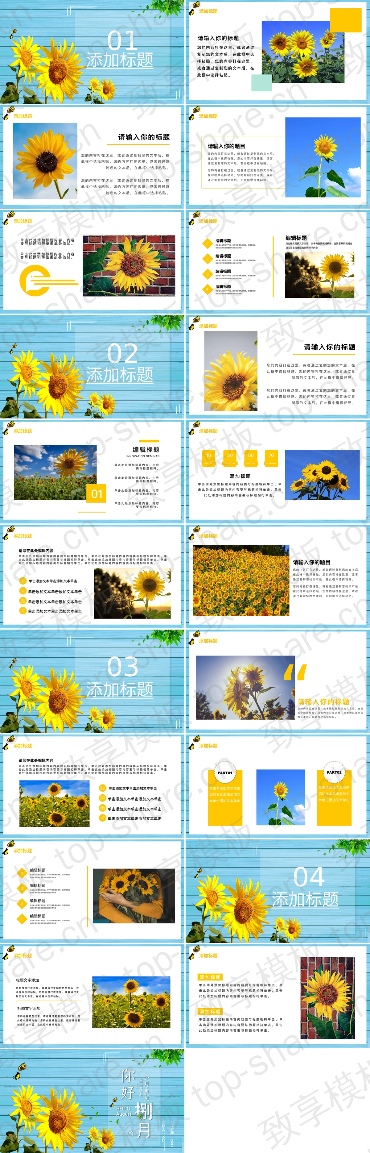 图片[2]-蓝色向日葵背景的“你好捌月”通用PPT模板 - 致享TOP-SHARE-致享TOP-SHARE
