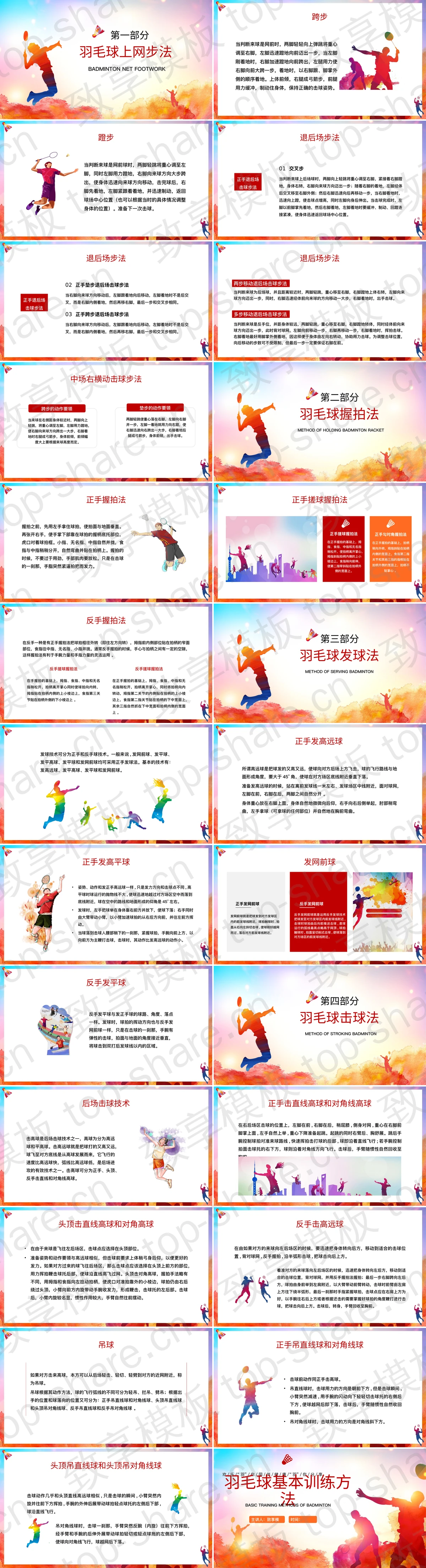 图片[2]-红橙配色运动员人物剪影背景的羽毛球基本训练方法PPT模板 - 致享TOP-SHARE-致享TOP-SHARE