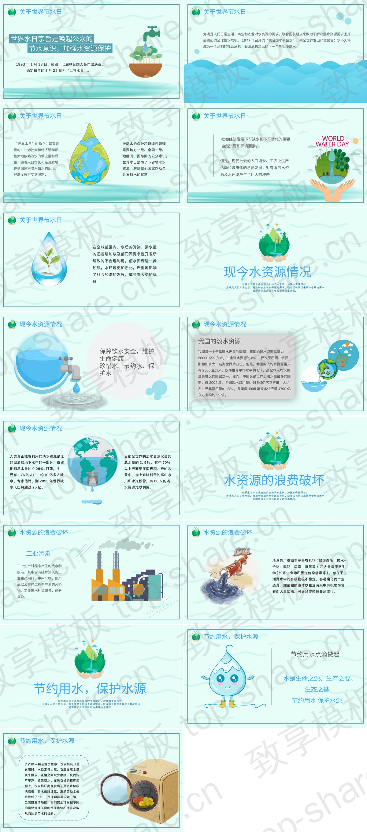 图片[2]-绿色卡通地球背景的世界水日环保主题PPT模板下载 - 致享TOP-SHARE-致享TOP-SHARE