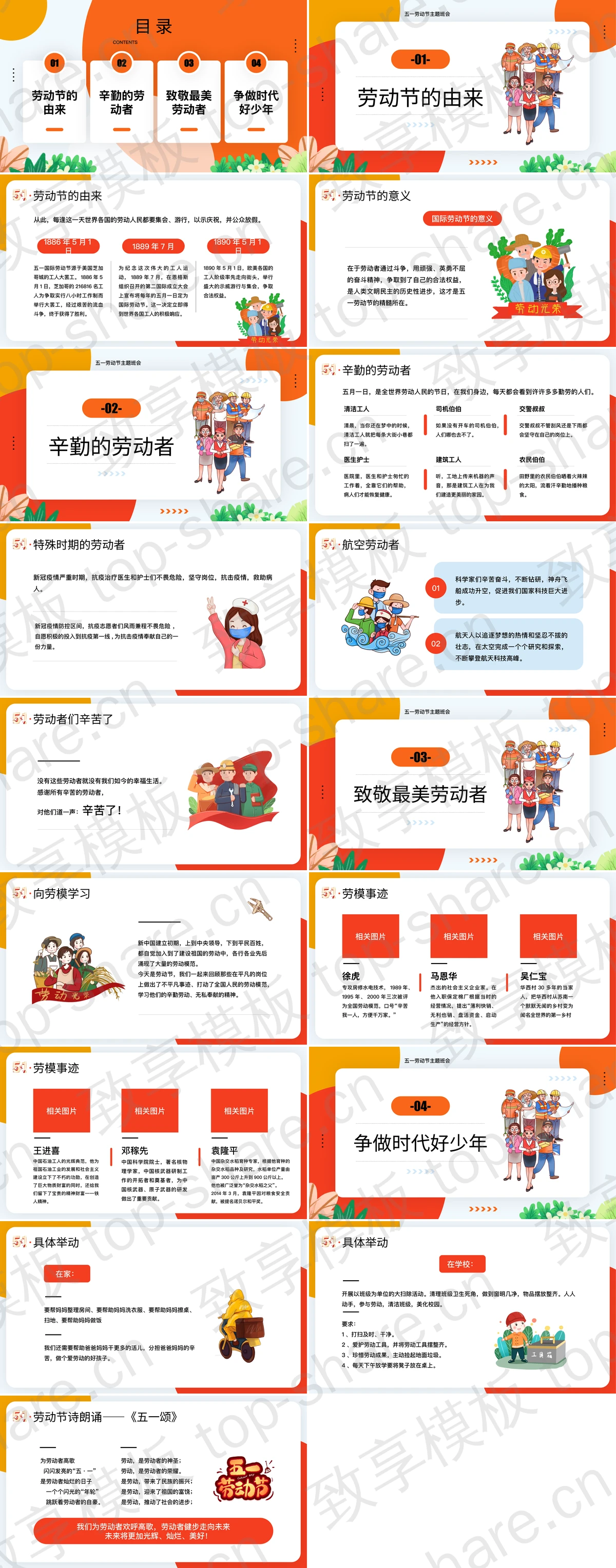 图片[2]-橙色卡通背景的“致敬劳动者劳动最光荣”主题班会PPT模板 - 致享TOP-SHARE-致享TOP-SHARE
