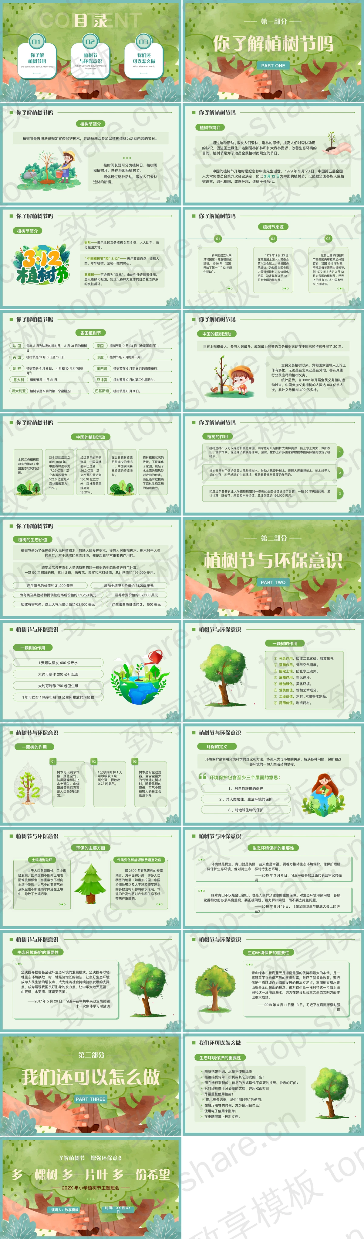 图片[2]-绿色卡通大树背景的“多一棵树多一片叶多一份希望”小学植树节主题班会PPT模板 - 致享TOP-SHARE-致享TOP-SHARE