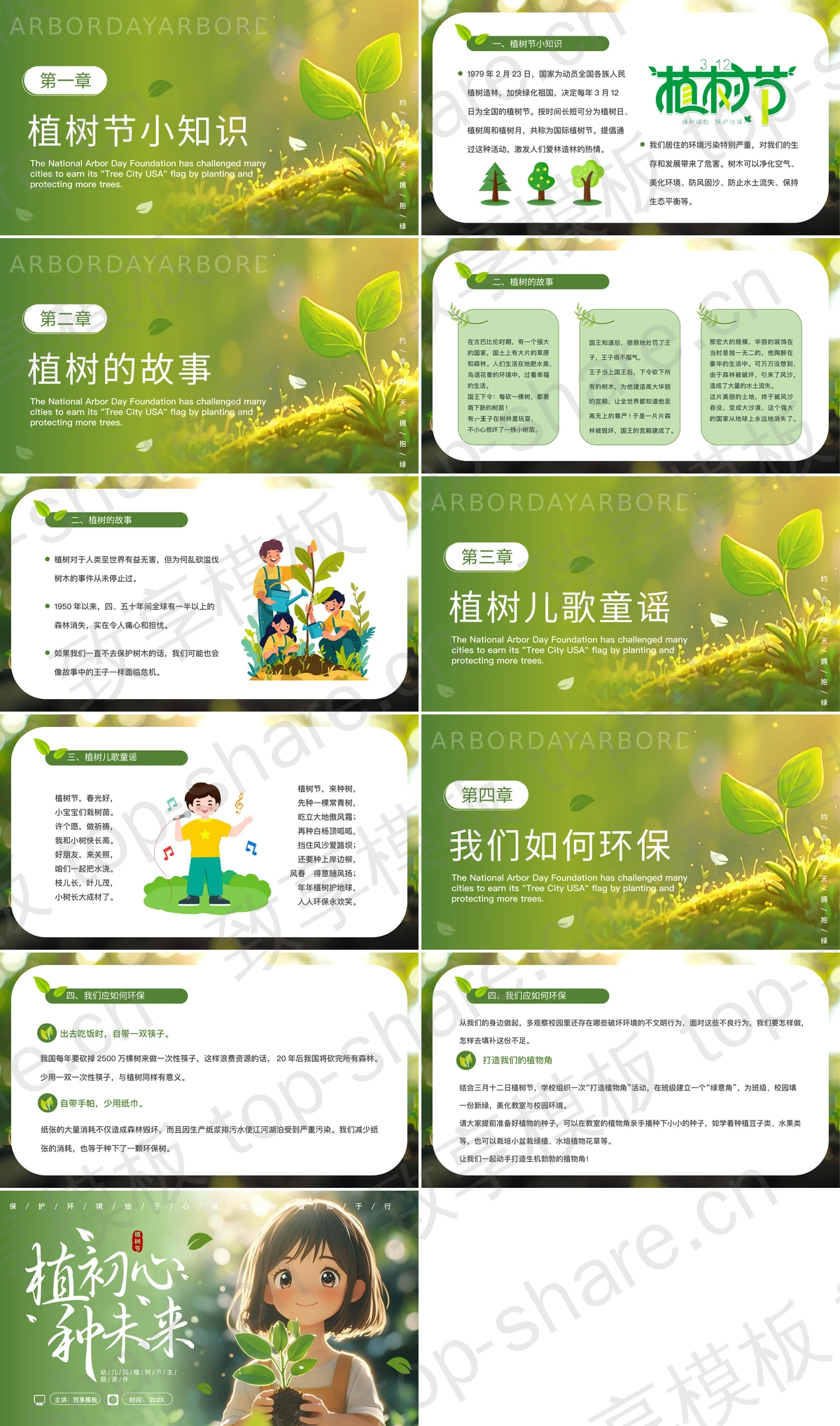 图片[2]-绿色清新卡通女孩背景的“植初心种未来”幼儿园植树节主题班会PPT模板 - 致享TOP-SHARE-致享TOP-SHARE