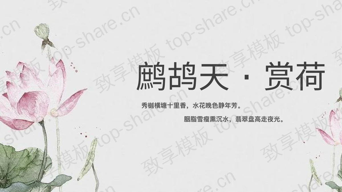 淡雅水墨荷花背景“鹧鸪天赏荷”古诗词鉴赏PPT模板-致享TOP-SHARE