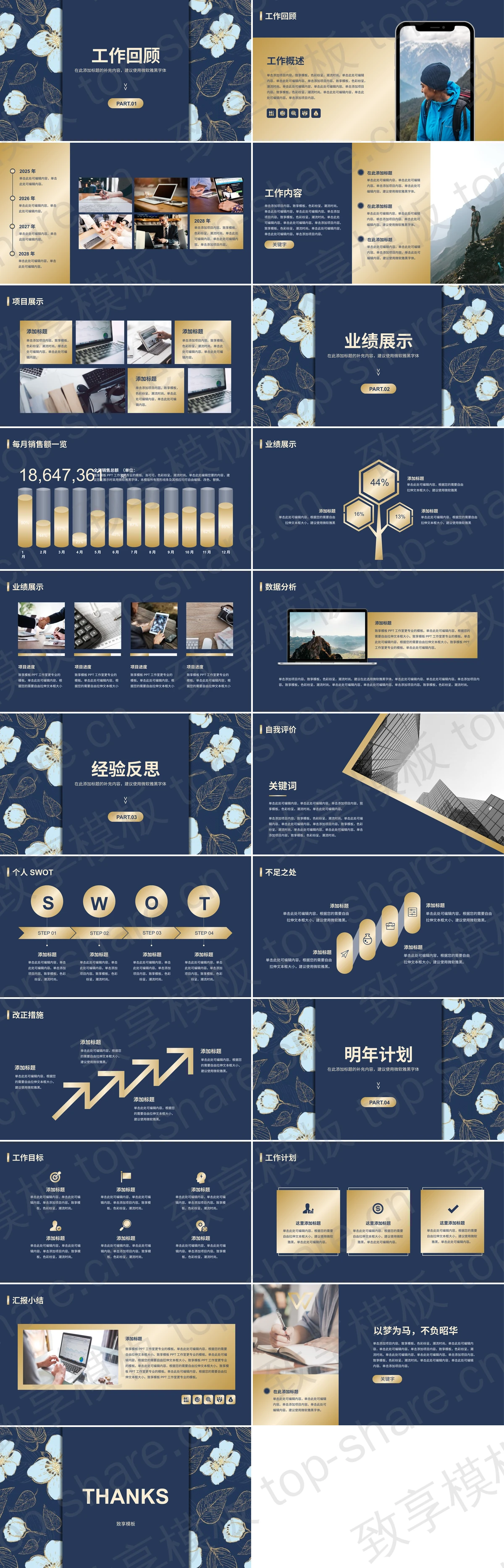 图片[2]-蓝色精美鎏金花卉背景商务汇报PPT模板 - 致享TOP-SHARE-致享TOP-SHARE