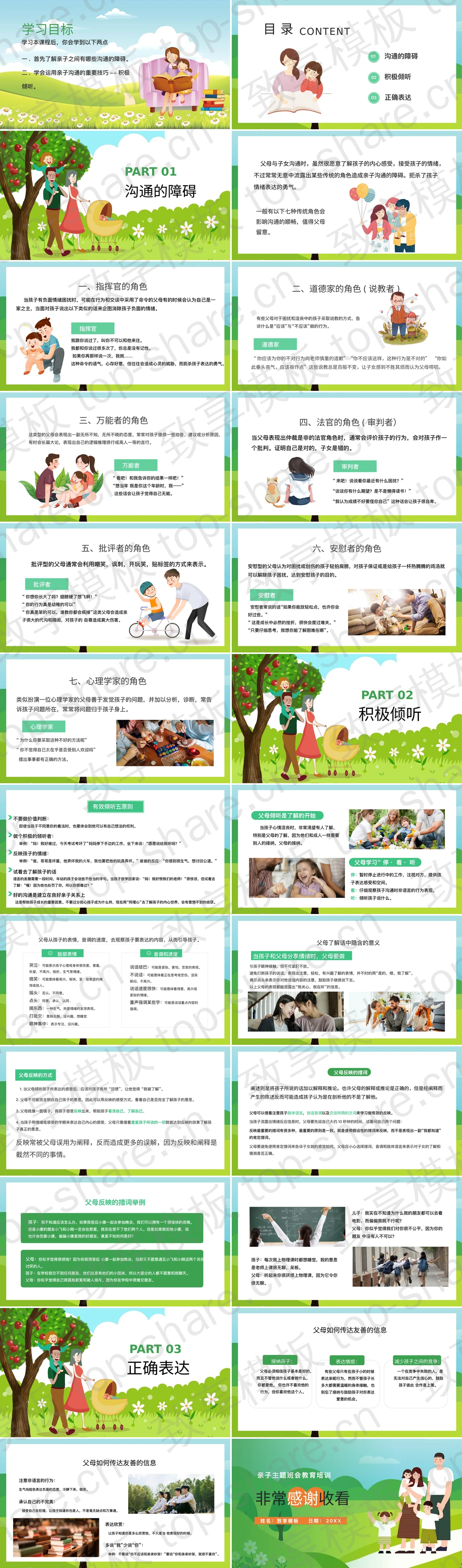 图片[2]-绿色卡通一家人背景的亲子沟通技巧教育培训PPT模板 - 致享TOP-SHARE-致享TOP-SHARE