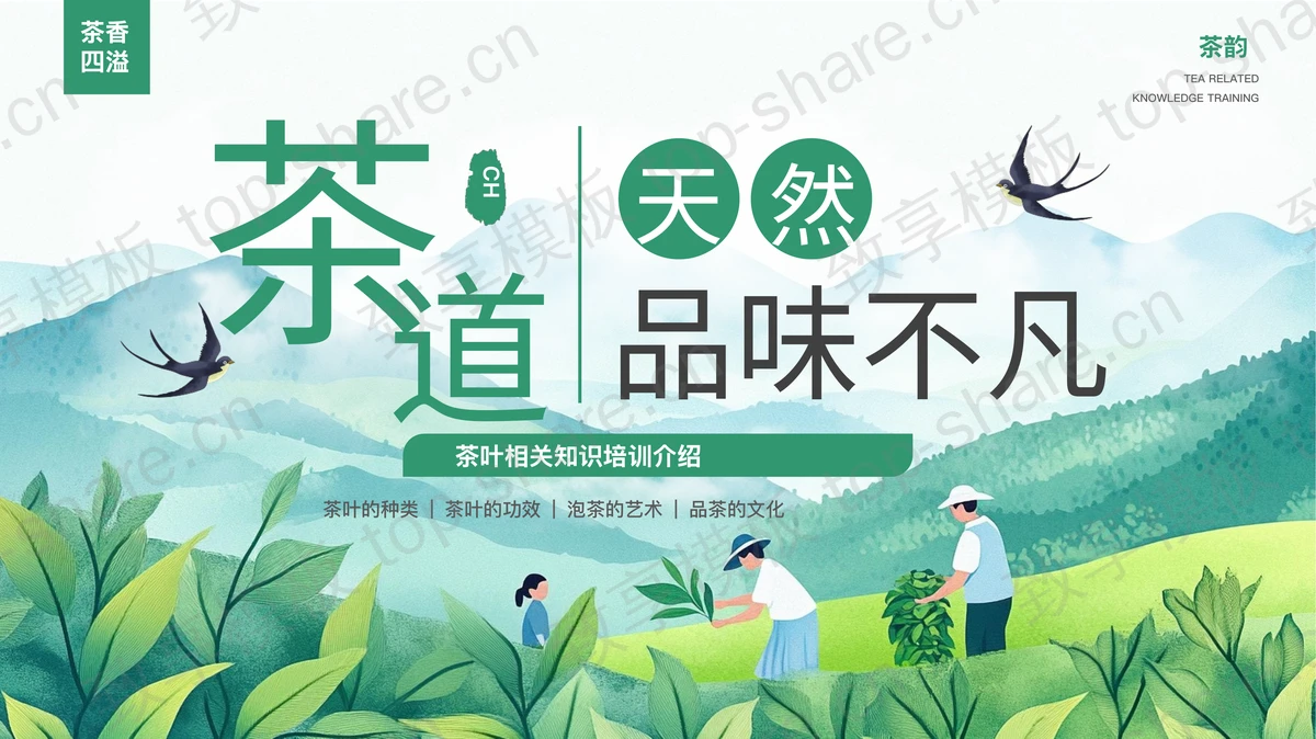 绿色清新插画风“天然品味不凡”茶道茶叶相关知识培训介绍PPT模板-致享TOP-SHARE