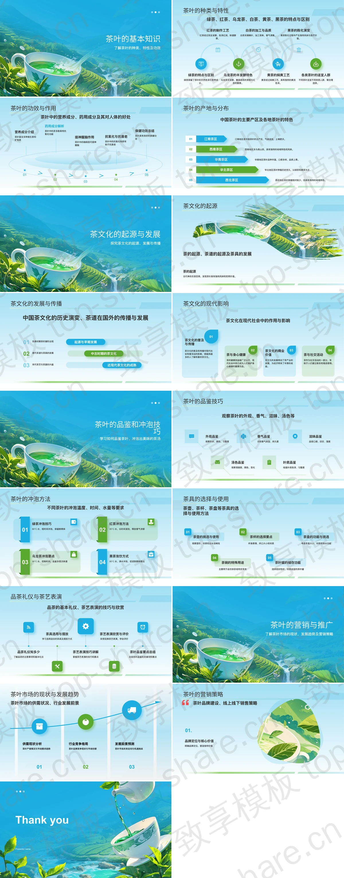 图片[2]-蓝绿插画茶具背景的茶叶茶文化宣传介绍PPT模板 - 致享TOP-SHARE-致享TOP-SHARE