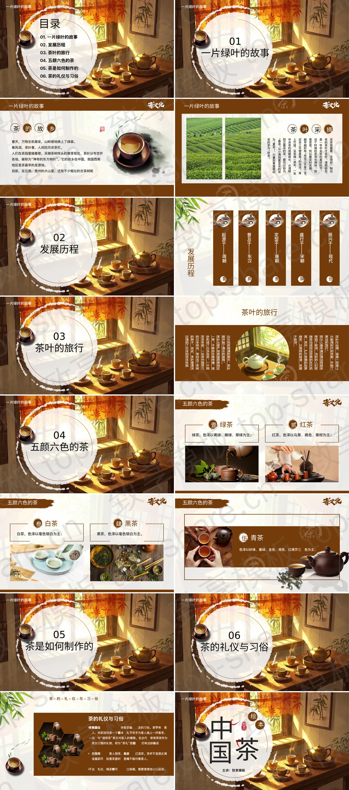 图片[2]-褐色插画风精美茶具背景的“中国茶”茶文化介绍PPT模板 - 致享TOP-SHARE-致享TOP-SHARE