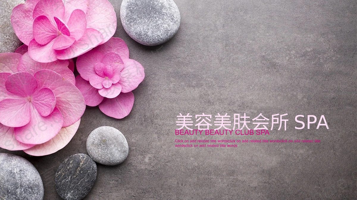 粉色鲜花鹅卵石背景的美容养生PPT模板 - 致享TOP-SHARE-致享TOP-SHARE