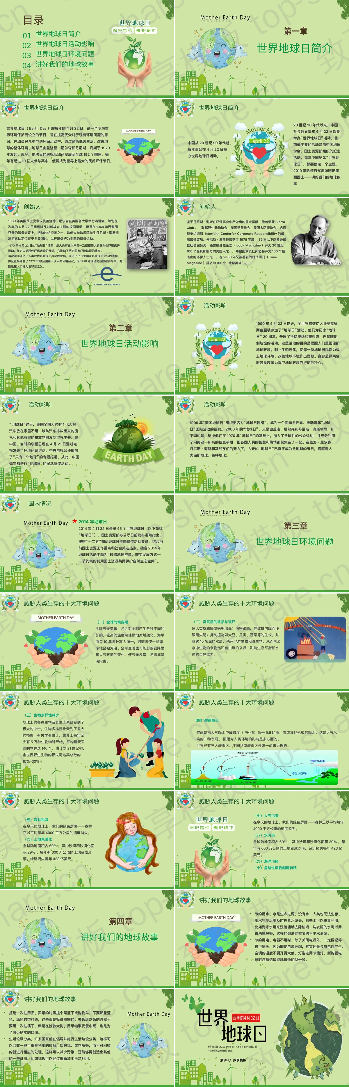 图片[2]-绿色卡通地球城市剪影背景的世界地球日PPT模板下载 - 致享TOP-SHARE-致享TOP-SHARE