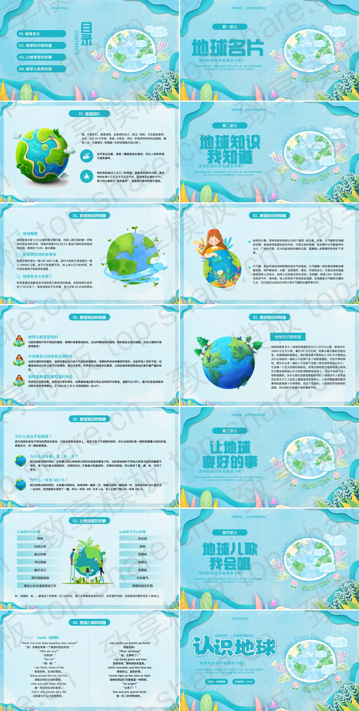 图片[2]-青色卡通地球背景的“认识地球”世界地球日PPT模板 - 致享TOP-SHARE-致享TOP-SHARE