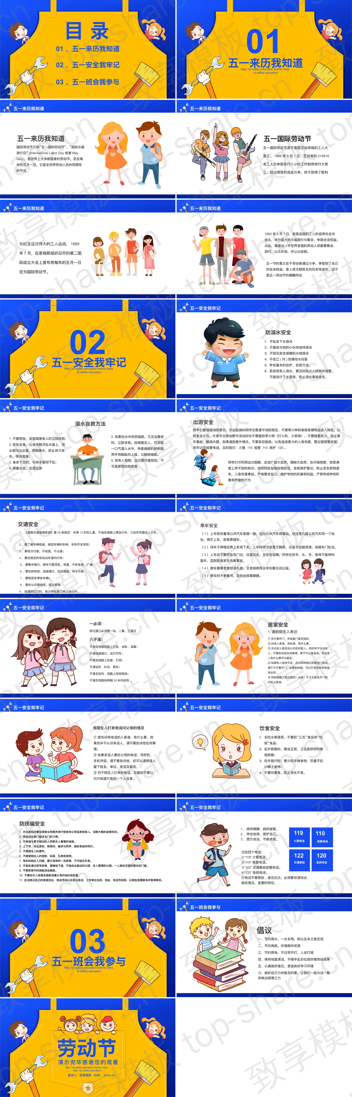 图片[2]-蓝黄配色卡通背带裤背景的劳动节安全教育主题班会PPT模板 - 致享TOP-SHARE-致享TOP-SHARE