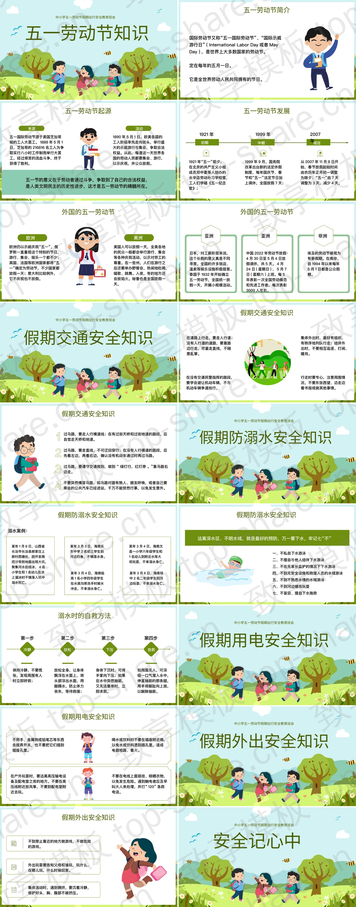 图片[2]-绿色卡通背景的中小学五一劳动节假期出行安全教育班会PPT模板 - 致享TOP-SHARE-致享TOP-SHARE