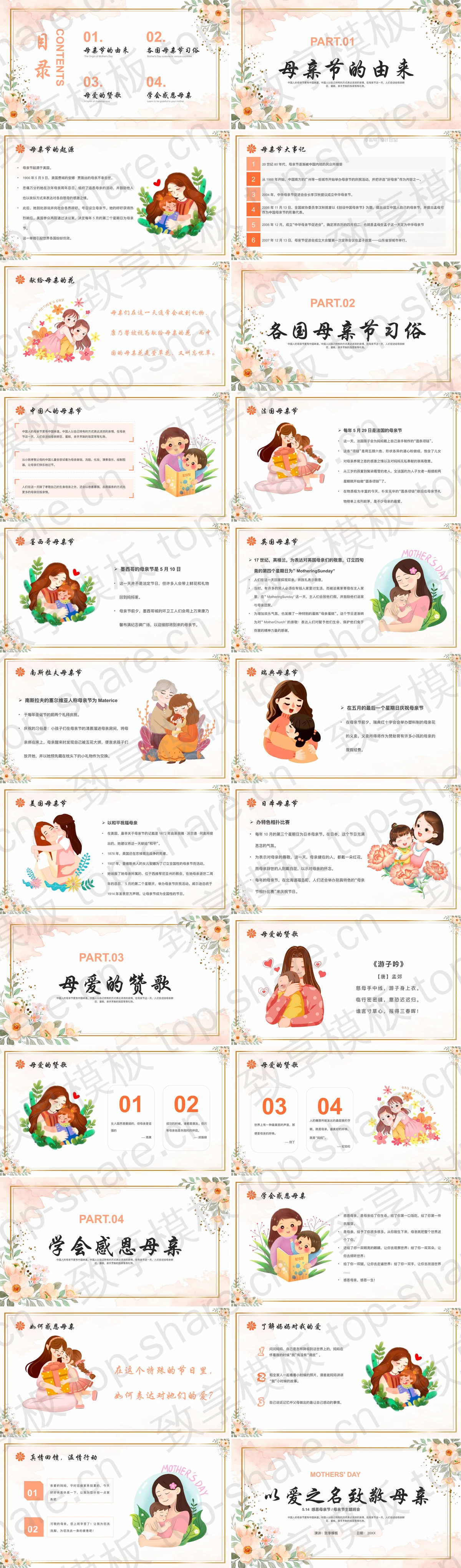 图片[2]-精美卡通花卉背景的“以爱之名致敬母亲”母亲节主题班会PPT模板 - 致享TOP-SHARE-致享TOP-SHARE