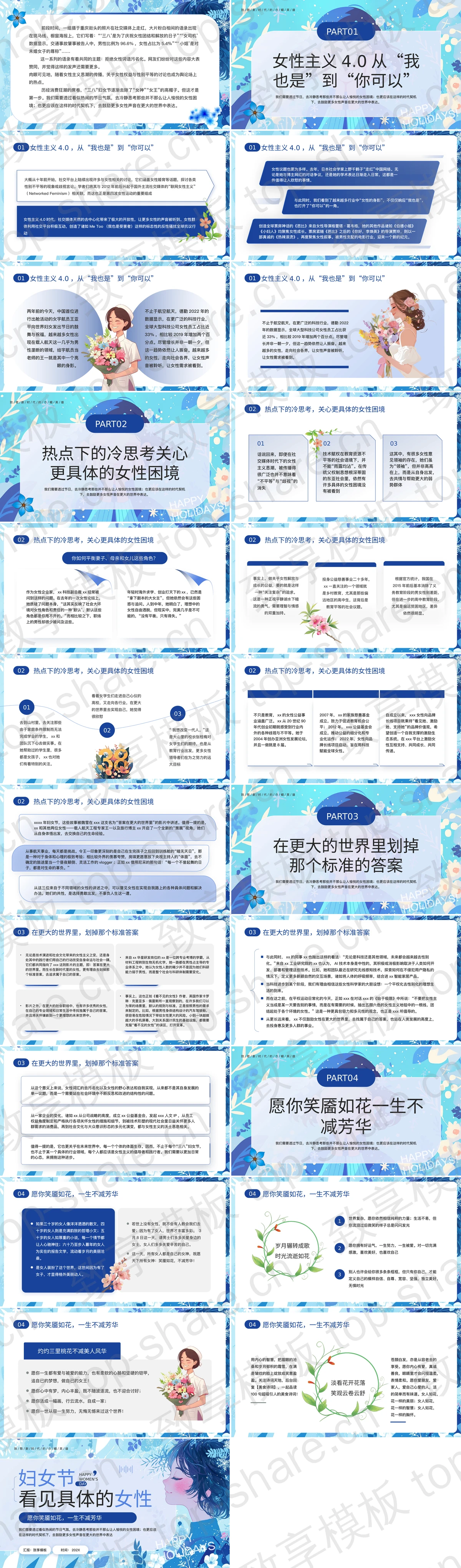 图片[2]-蓝色卡通女孩背景的插画风“看见具体的女性”妇女节主题PPT模板 - 致享TOP-SHARE-致享TOP-SHARE