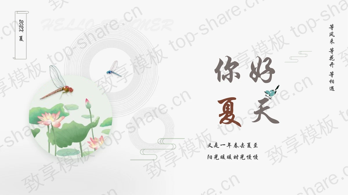 清新水彩荷花背景的“你好夏天”中国风PPT模板-致享TOP-SHARE