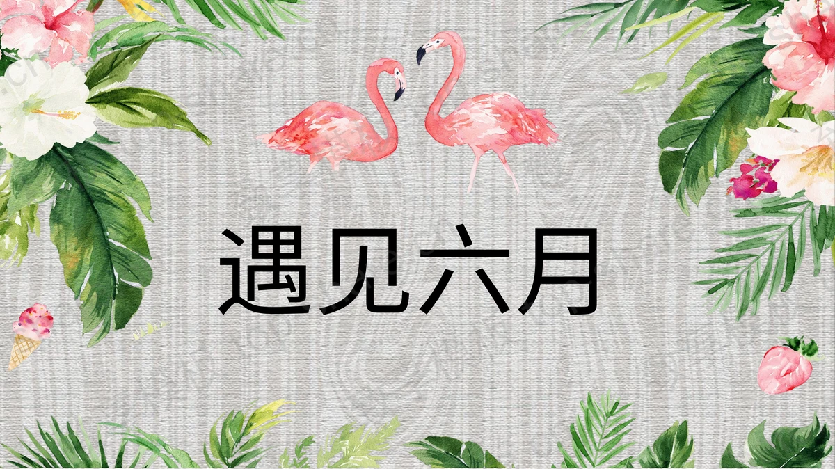 水彩花卉火烈鸟背景的遇见六月PPT模板下载-致享TOP-SHARE