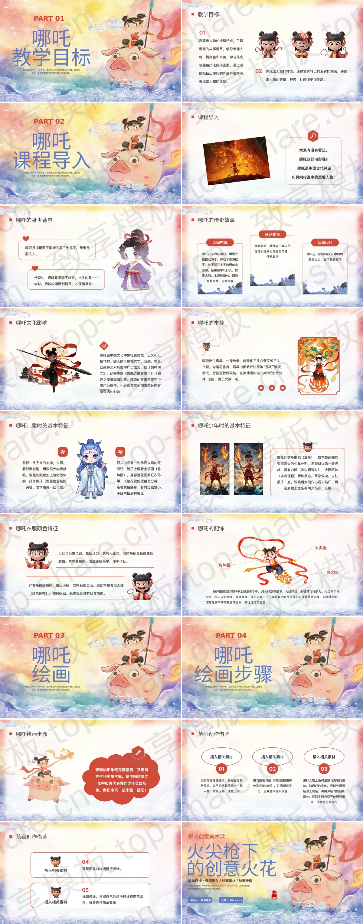图片[2]-彩色水彩风“火尖枪下的创意火花”哪吒创意美术课PPT模板 - 致享TOP-SHARE-致享TOP-SHARE