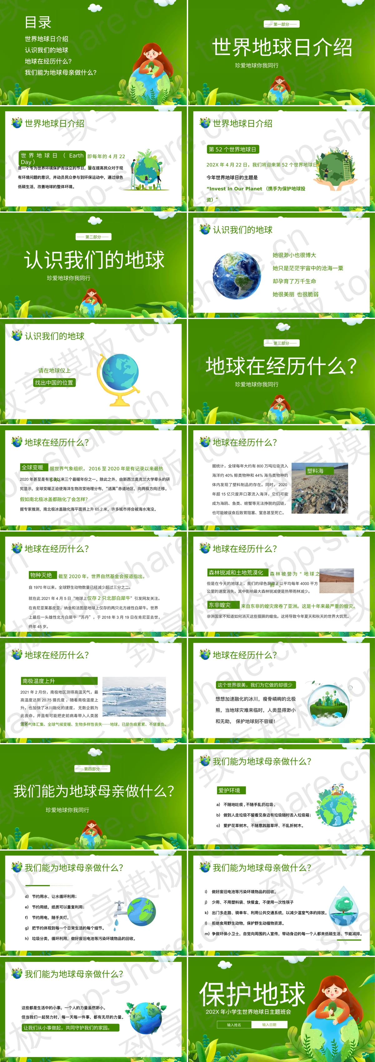 图片[2]-绿色卡通地球女孩背景的“保护地球”小学生世界地球日主题班会PPT模板下载 - 致享TOP-SHARE-致享TOP-SHARE