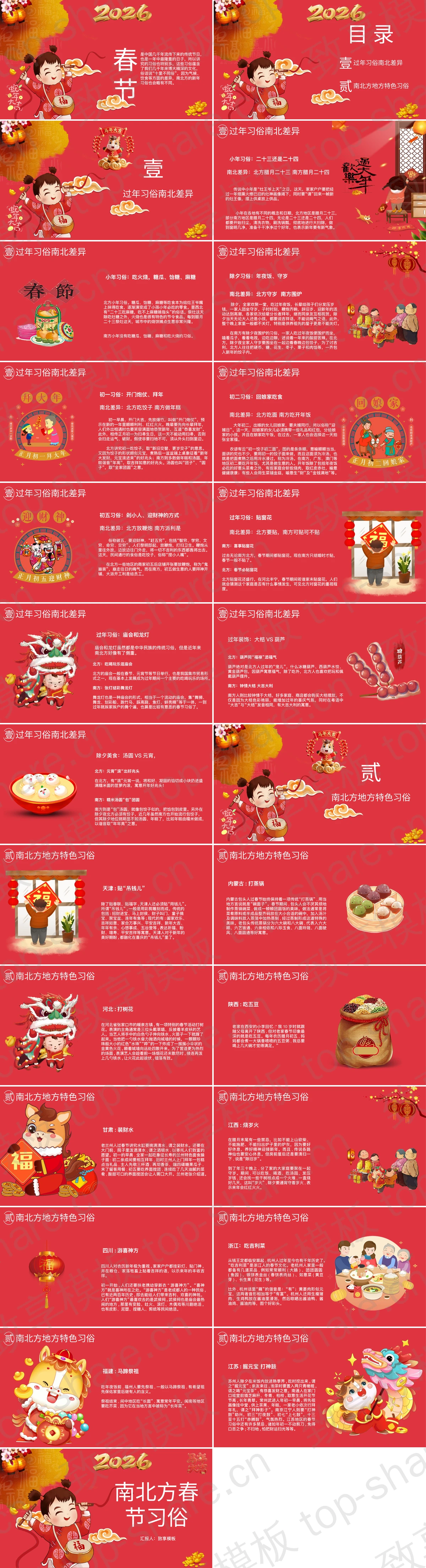 图片[2]-红色喜庆卡通风格南北方春节习俗介绍PPT模板 - 致享TOP-SHARE-致享TOP-SHARE