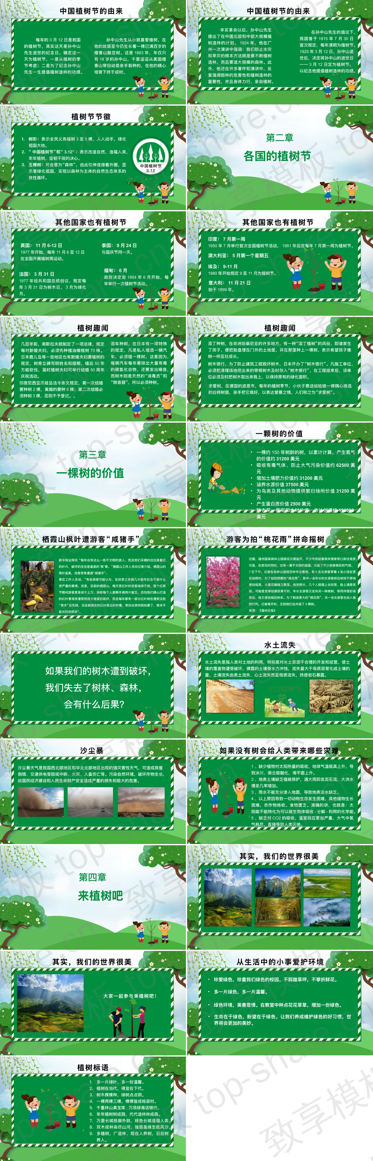 图片[2]-绿色卡通大树搭配植树的小孩背景植树节节日介绍PPT模板 - 致享TOP-SHARE-致享TOP-SHARE
