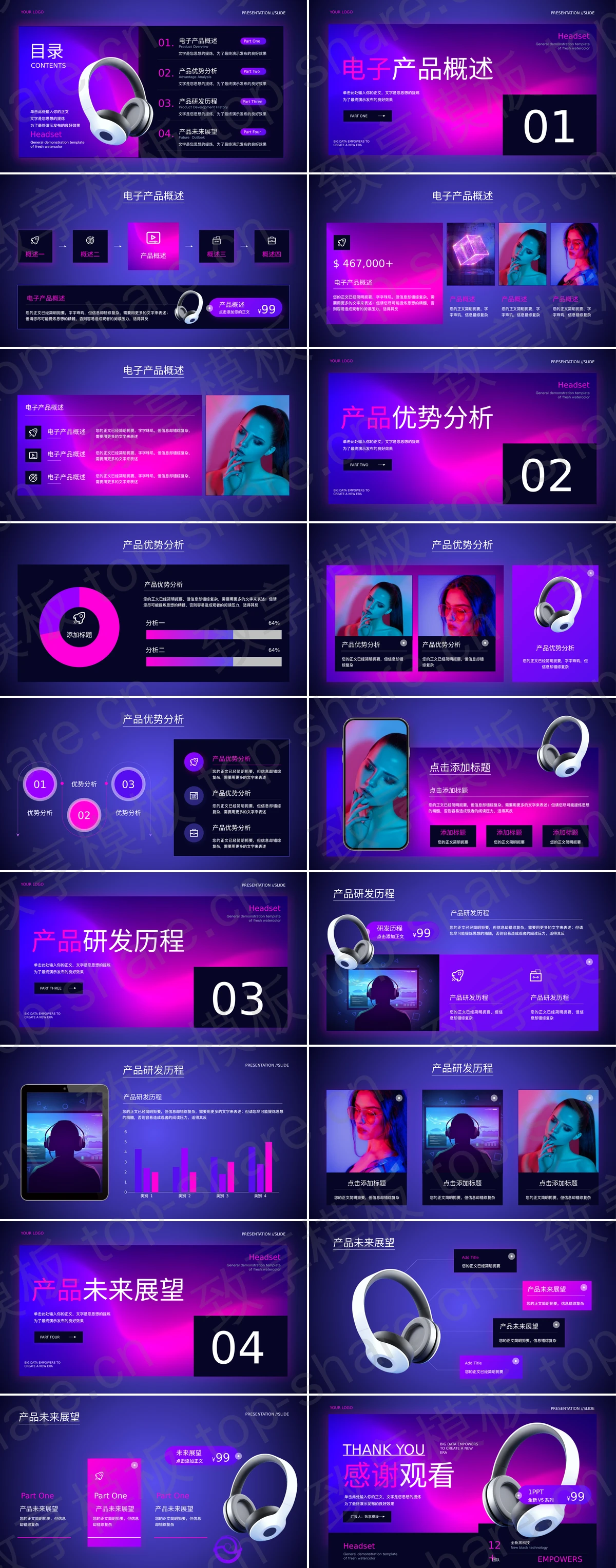 图片[2]-蓝紫渐变智能耳机背景的3C数码产品发布会PPT模板 - 致享TOP-SHARE-致享TOP-SHARE