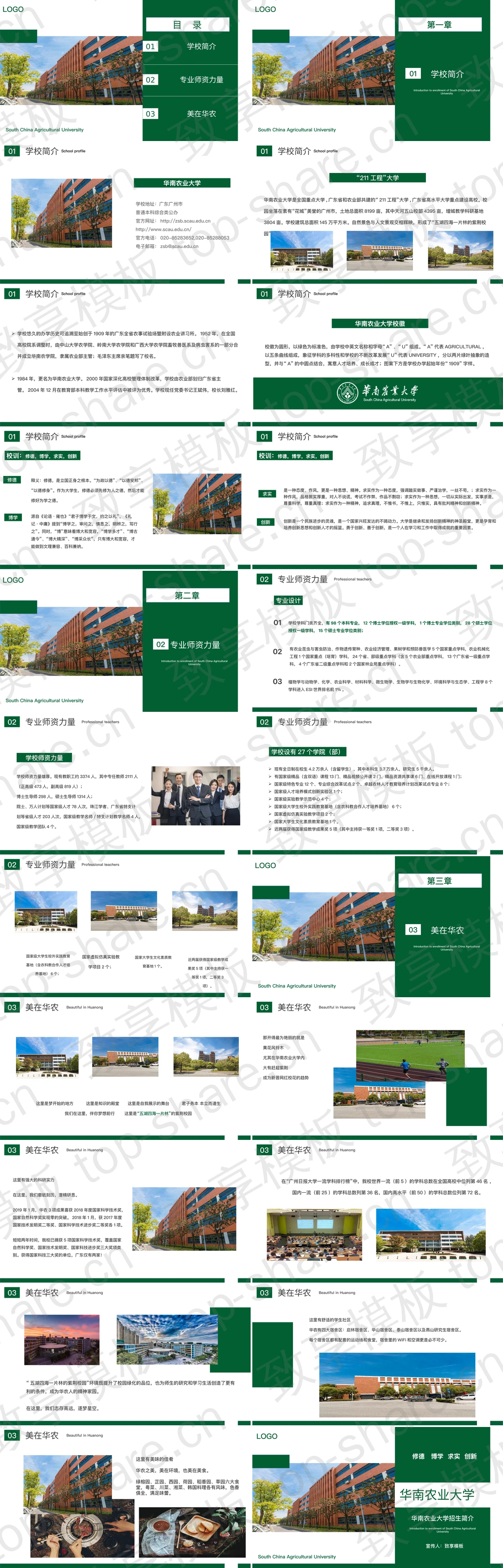 图片[2]-绿色教学楼背景的华南农业大学招生简介PPT模板 - 致享TOP-SHARE-致享TOP-SHARE