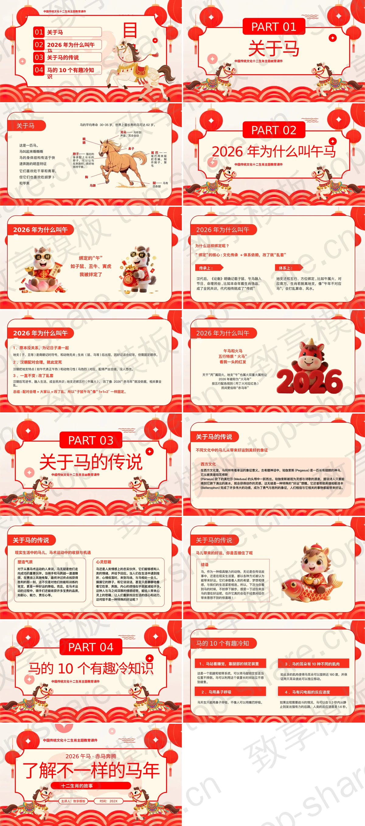 图片[2]-红色“了解不一样的马年”中国传统文化十二生肖主题教育PPT模板 - 致享TOP-SHARE-致享TOP-SHARE